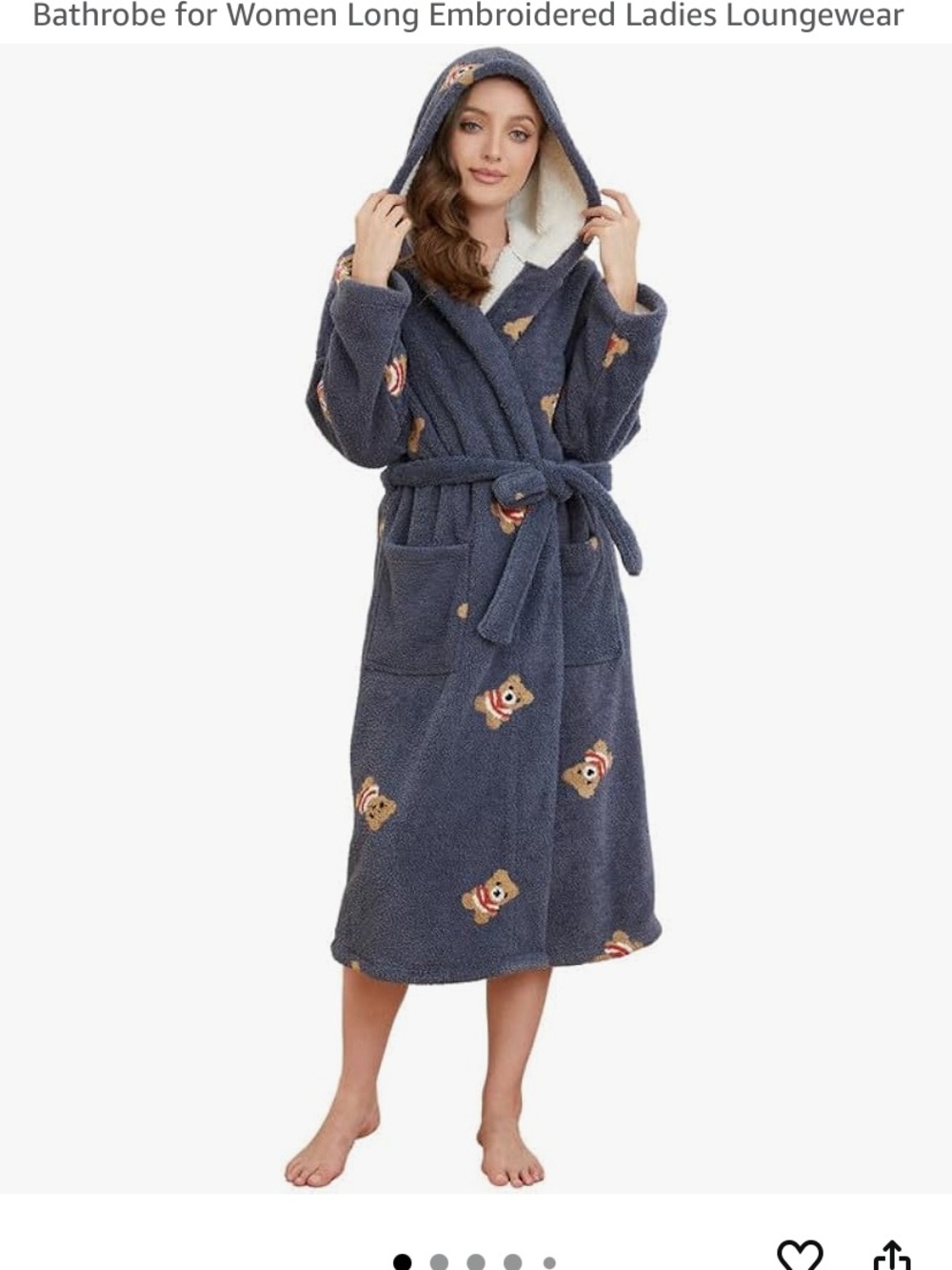 Plush Hooded Ladies Bathrobe - Navy with Bear Embroidery